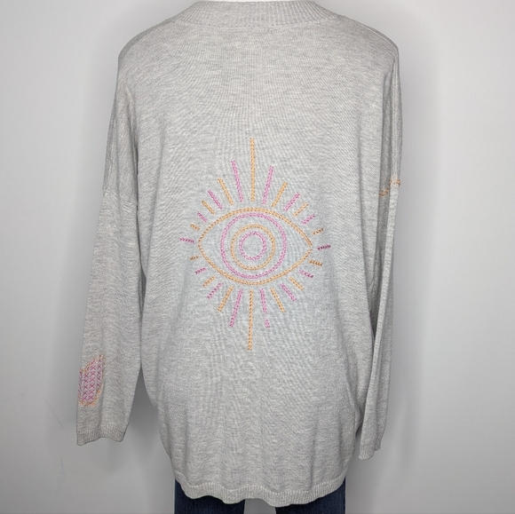 Wispr Grey Pink Orange Embroidered Evil Eye Oversized Sweater S - Picture 5 of 8